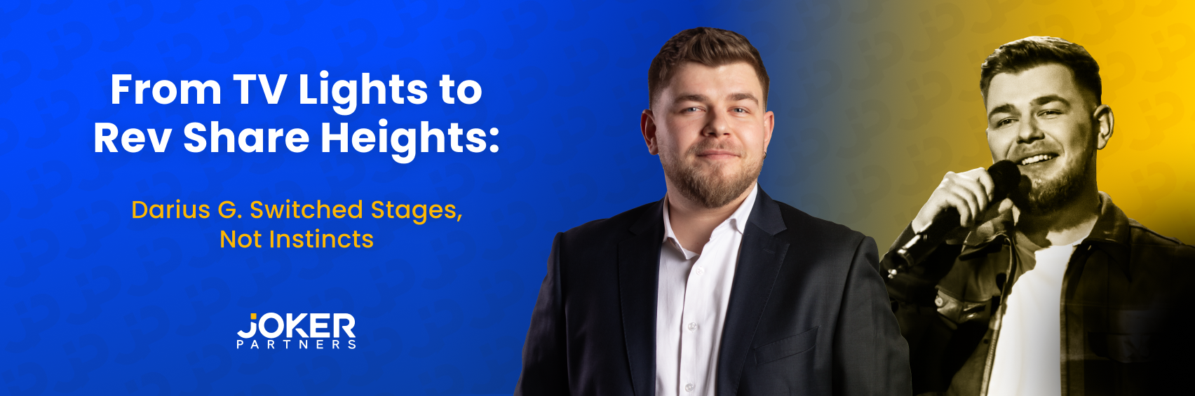 Portrait of Darius G., Senior Affiliate Manager at Joker Partners, with a split background showing him in a suit and performing on stage, illustrating his transition from music to affiliate marketing.