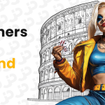 Joker Partners banner with a character holding playing cards in front of the Colosseum — SiGMA Central Europe 2025, Rome, Titans Stand 1034