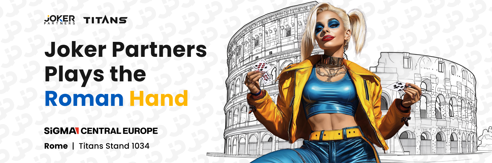 Joker Partners banner with a character holding playing cards in front of the Colosseum — SiGMA Central Europe 2025, Rome, Titans Stand 1034