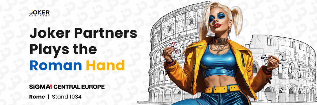 Joker Partners banner with a character holding playing cards in front of the Colosseum — SiGMA Central Europe 2025, Rome