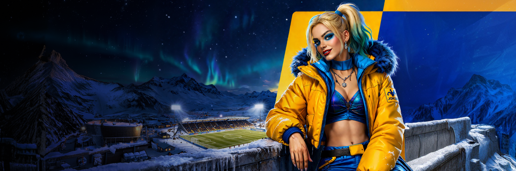 Joker Partners banner showing an Arctic football stadium under northern lights, with a woman in a yellow jacket in Joker colors