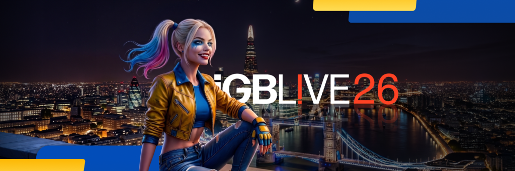 Joker Partners iGB L!VE 2026 banner featuring the Joker mascot overlooking London, with Tower Bridge, The Shard, event dates, and Stand L50 details.