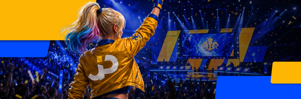 Joker Partners esports banner showing a fan cheering at a packed arena for an article on autumn esports traffic