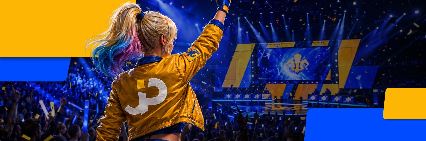Joker Partners esports banner showing a fan cheering at a packed arena for an article on autumn esports traffic