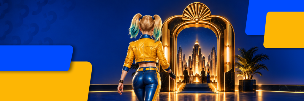 Joker Partners banner showing a new brand launch through an Art Deco-style city entrance, with the Joker mascot walking toward it