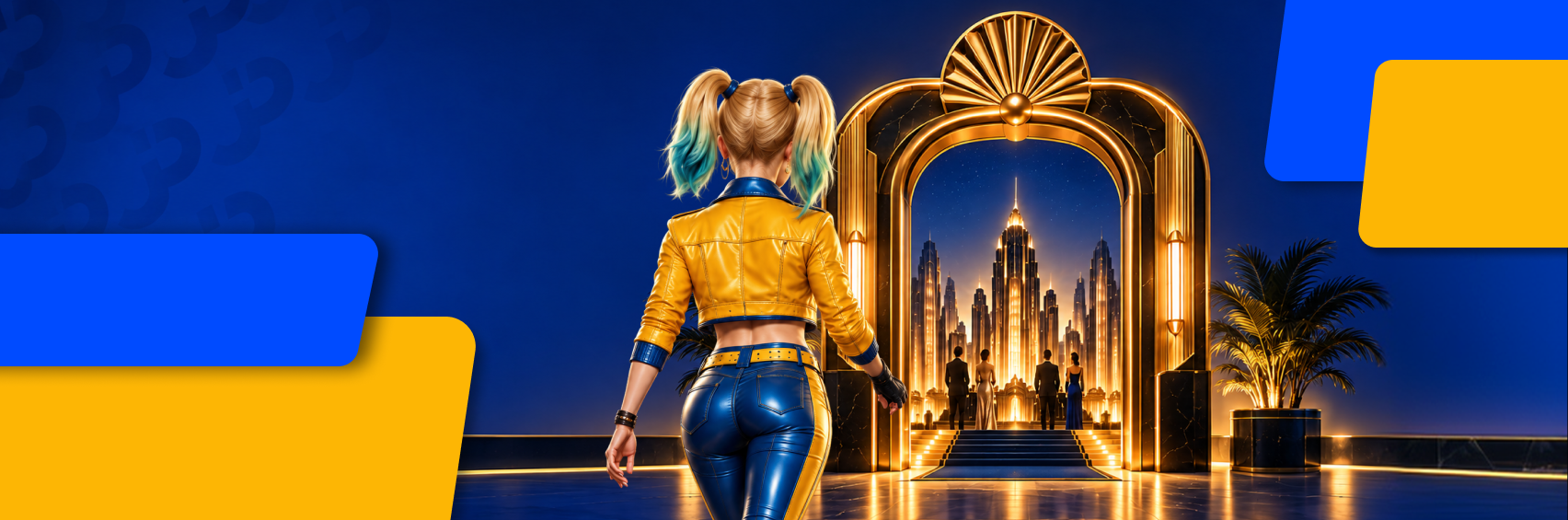 Joker Partners banner showing a new brand launch through an Art Deco-style city entrance, with the Joker mascot walking toward it